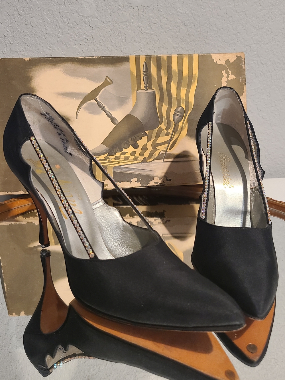 Vintage, Valley Shoes, Black Satin Pointed Toe Heels with Rhinestone Trim